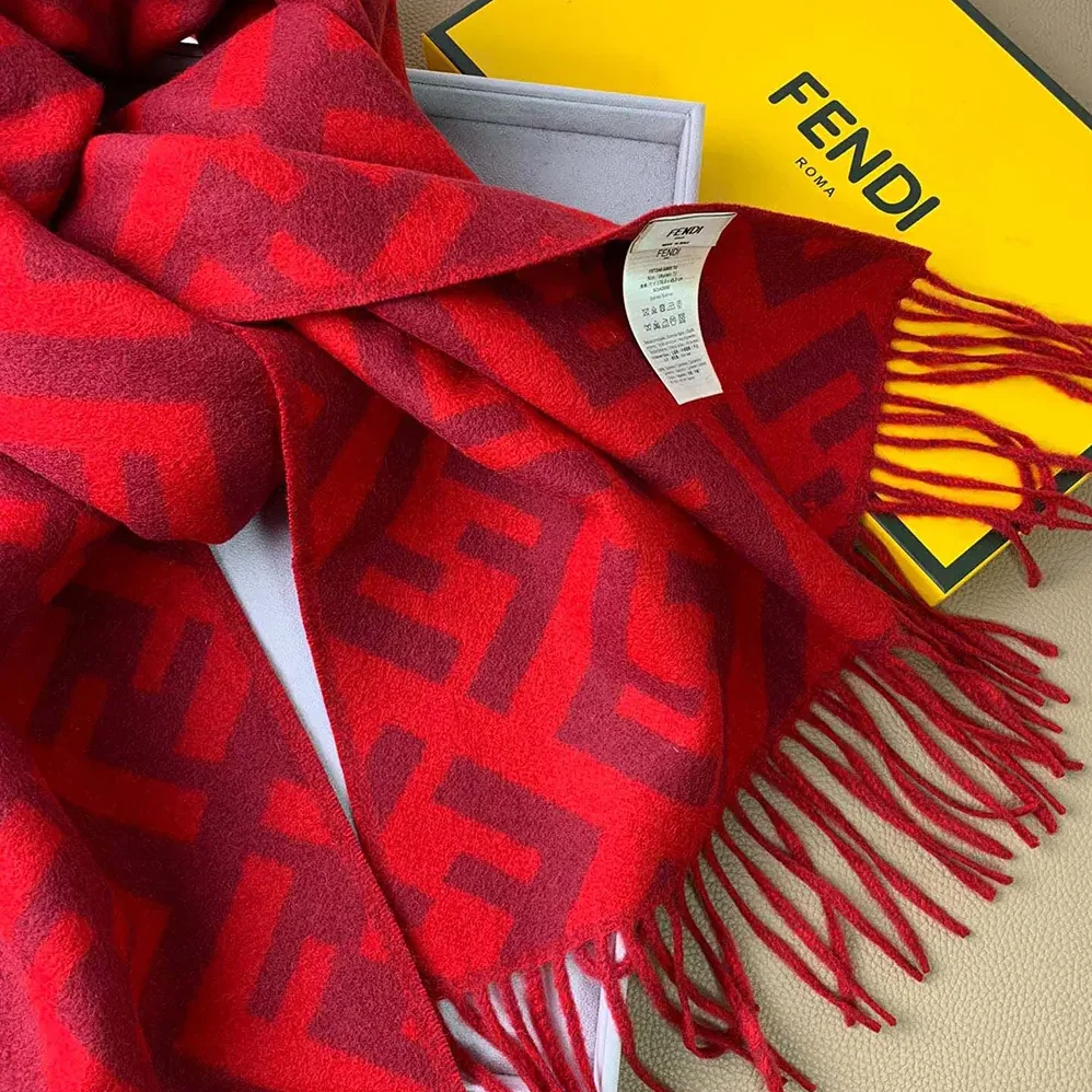 Fendi FF Scarf Red Cashmere Scarf for Unisex