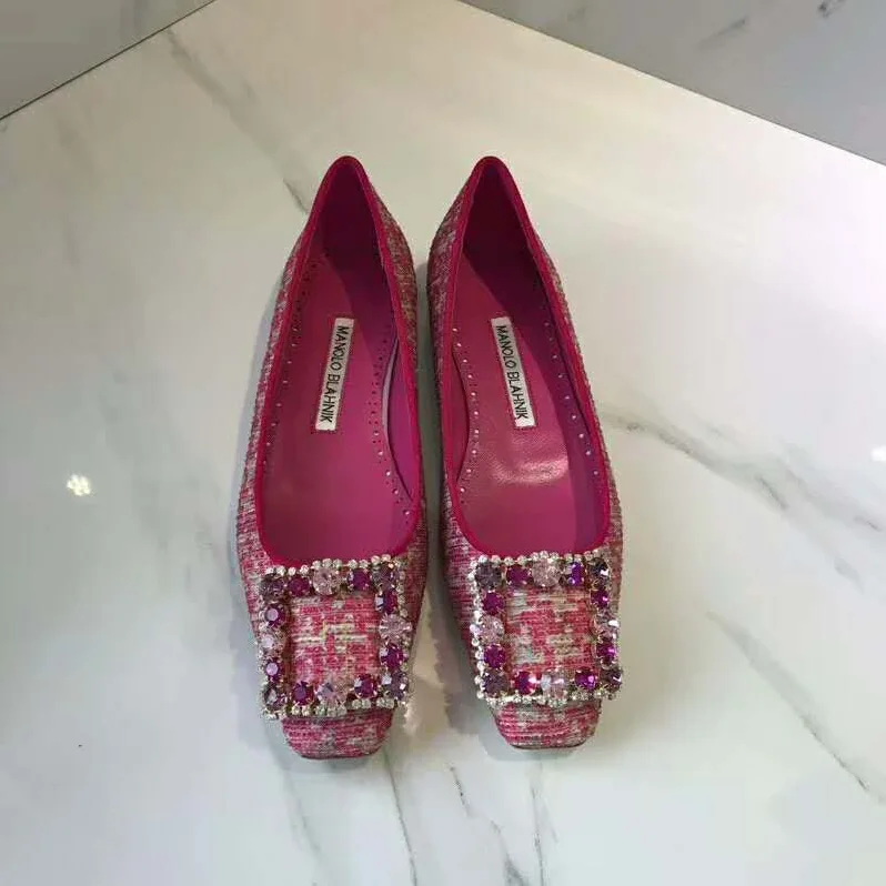 Manolo Blahnik Shoes Caza Pink Tweed Crystal Buckle Flats 10mm Heel for Women Manolo Blahnik Shoes Caza Pink Tweed Crystal Buckle Flats 10mm Heel for Women