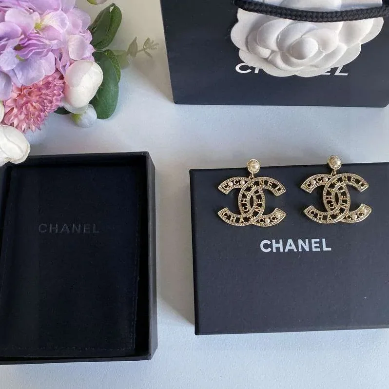Chanel CC Letter Earrings Gold