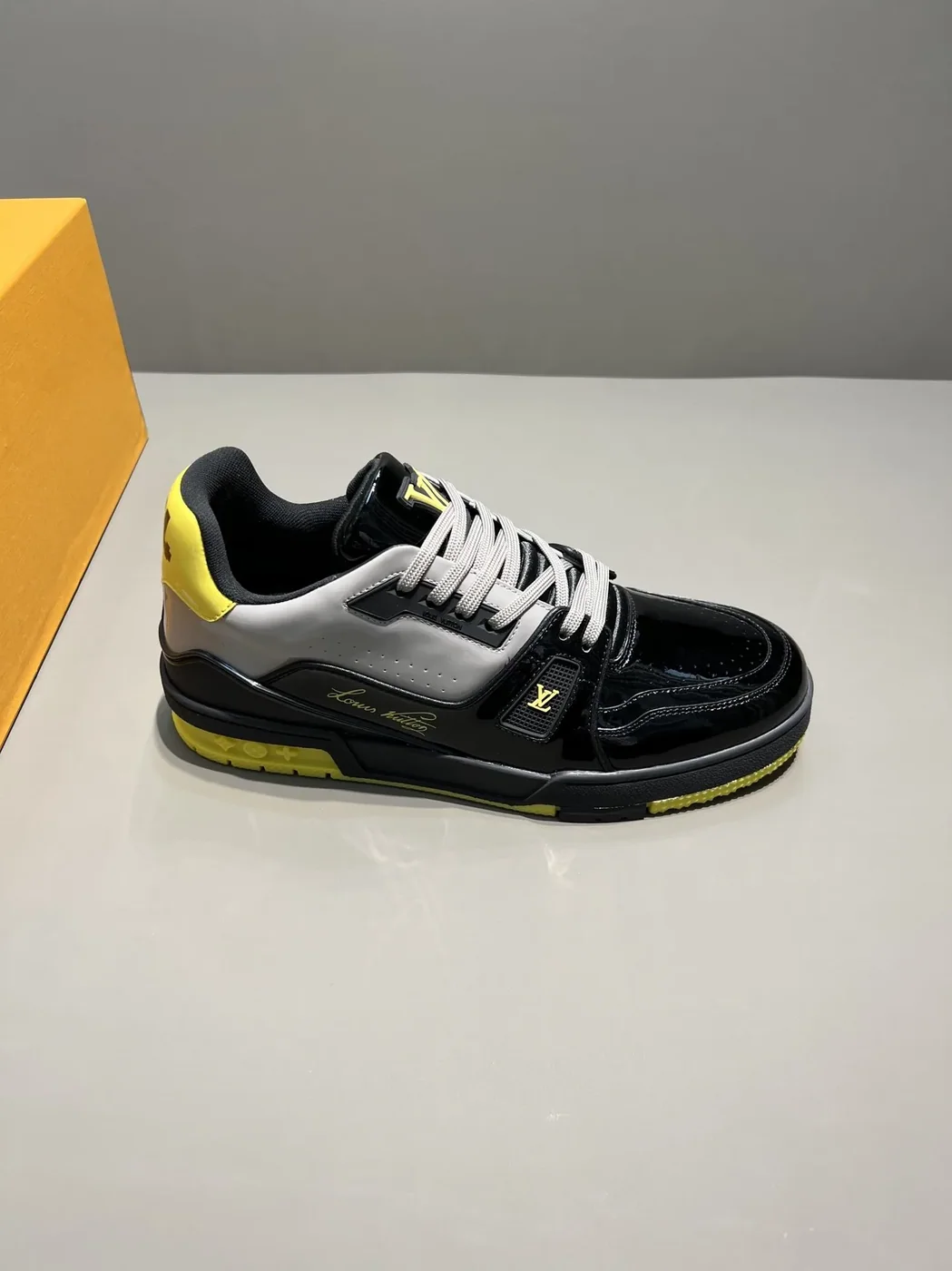 Louis Vuitton Trainer Sneaker Patent Canvas Black Virgil Abloh LV 1A9JTV