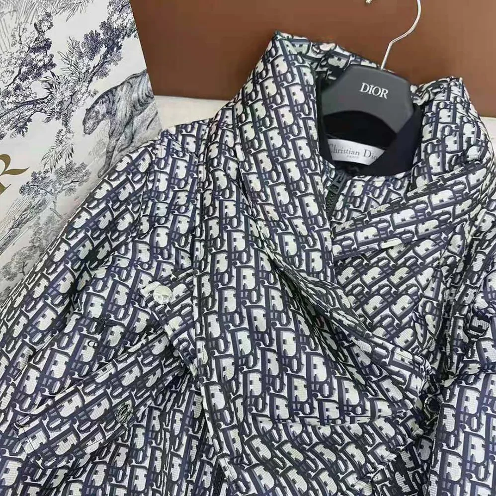 Dior Bomber Jacket with Criss Cross Collar Blue and Ecru Technical Taffeta Jacquard for Women Dior Bomber Jacket with Criss Cross Collar Blue and Ecru Technical Taffeta Jacquard for Women