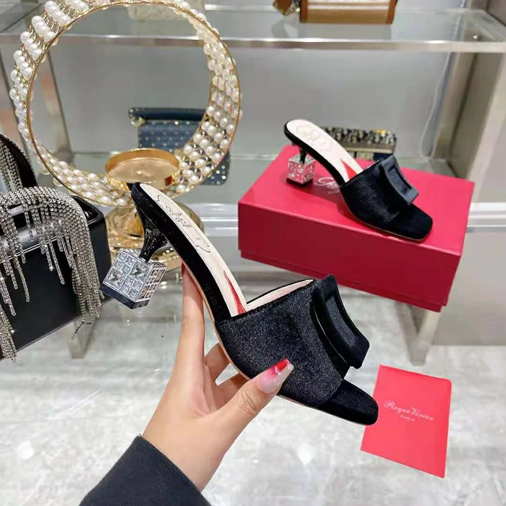 Roger Vivier Cube Strass Heel Mules in Satin for Women in Black Roger Vivier Cube Strass Heel Mules in Satin for Women in Black