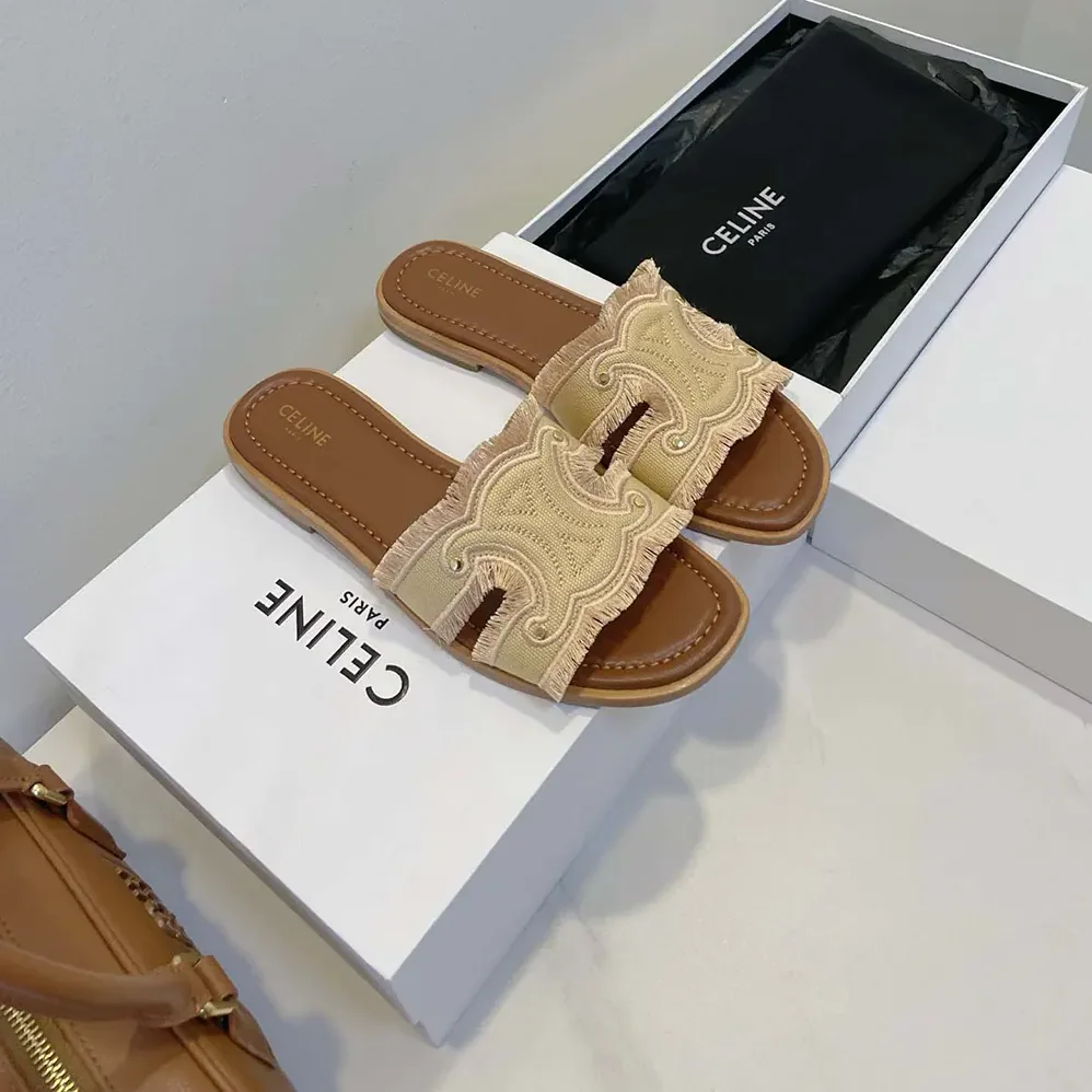 Celine Marina Fringed Mule in Cotton for Women in Beige