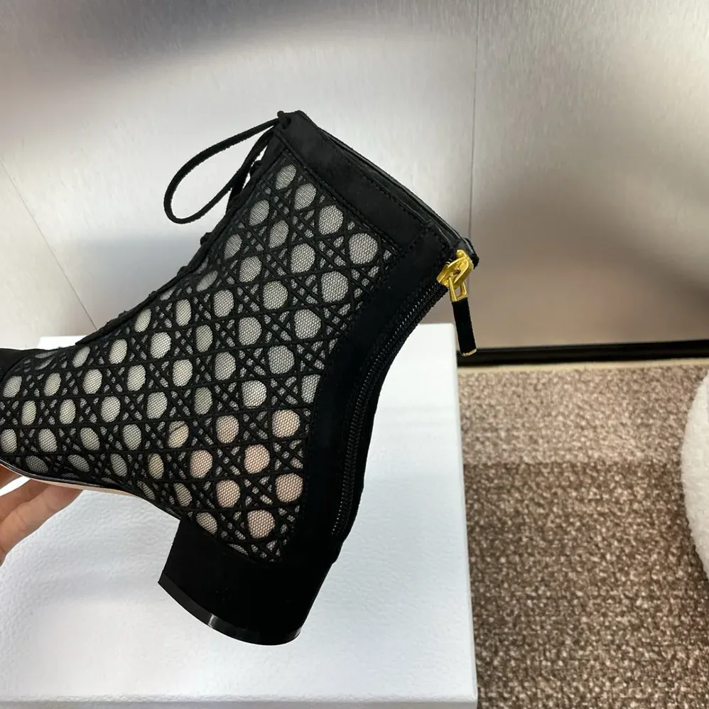 Dior Naughtily-D Heeled Ankle Boot Transparent Mesh Embroidered with Black Cannage Motif for Women Dior Naughtily-D Heeled Ankle Boot Transparent Mesh Embroidered with Black Cannage Motif for Women