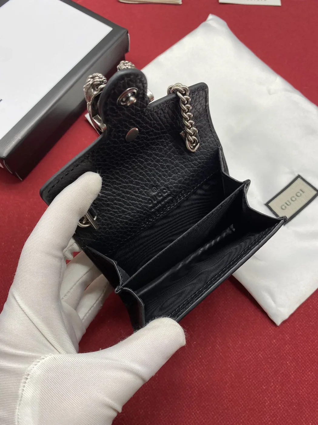 Gucci Dionysus Chain Super Mini Wallet in Black Palladium Hardware Gucci Dionysus Chain Super Mini Wallet in Black Palladium Hardware