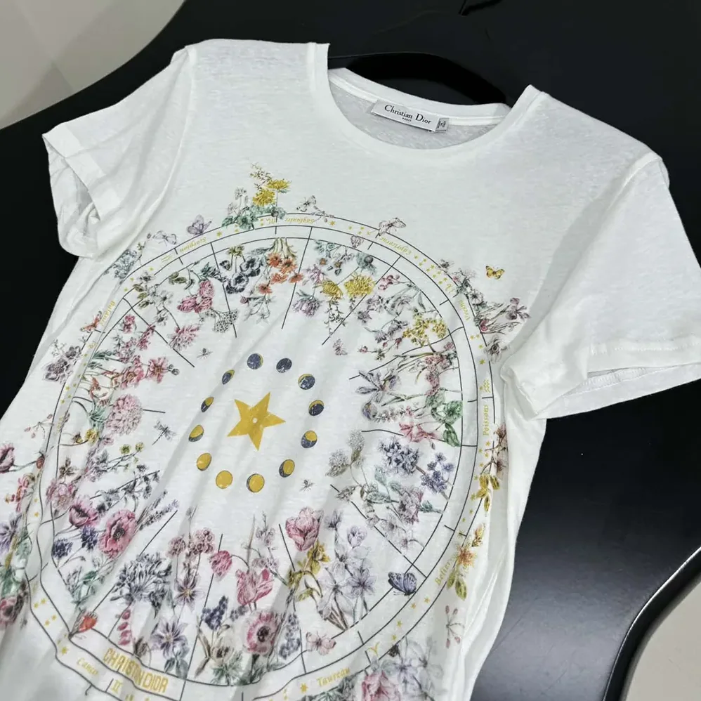 Dior T-Shirt White Cotton Jersey with Multicolor Dior Astral Flowers Motif for Men