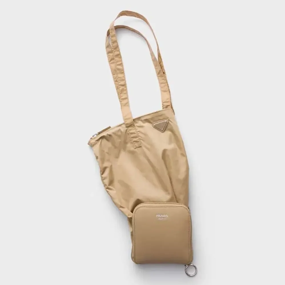 Prada Saffiano Leather Pendant With Re-Nylon Tote Bag for Women in Camel Brown Prada Saffiano Leather Pendant With Re-Nylon Tote Bag for Women in Camel Brown