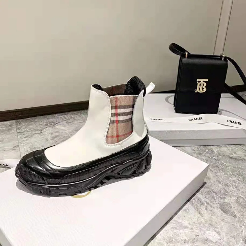 Burberry Vintage Check Detail Coated Canvas Chelsea Boots for Women in White
