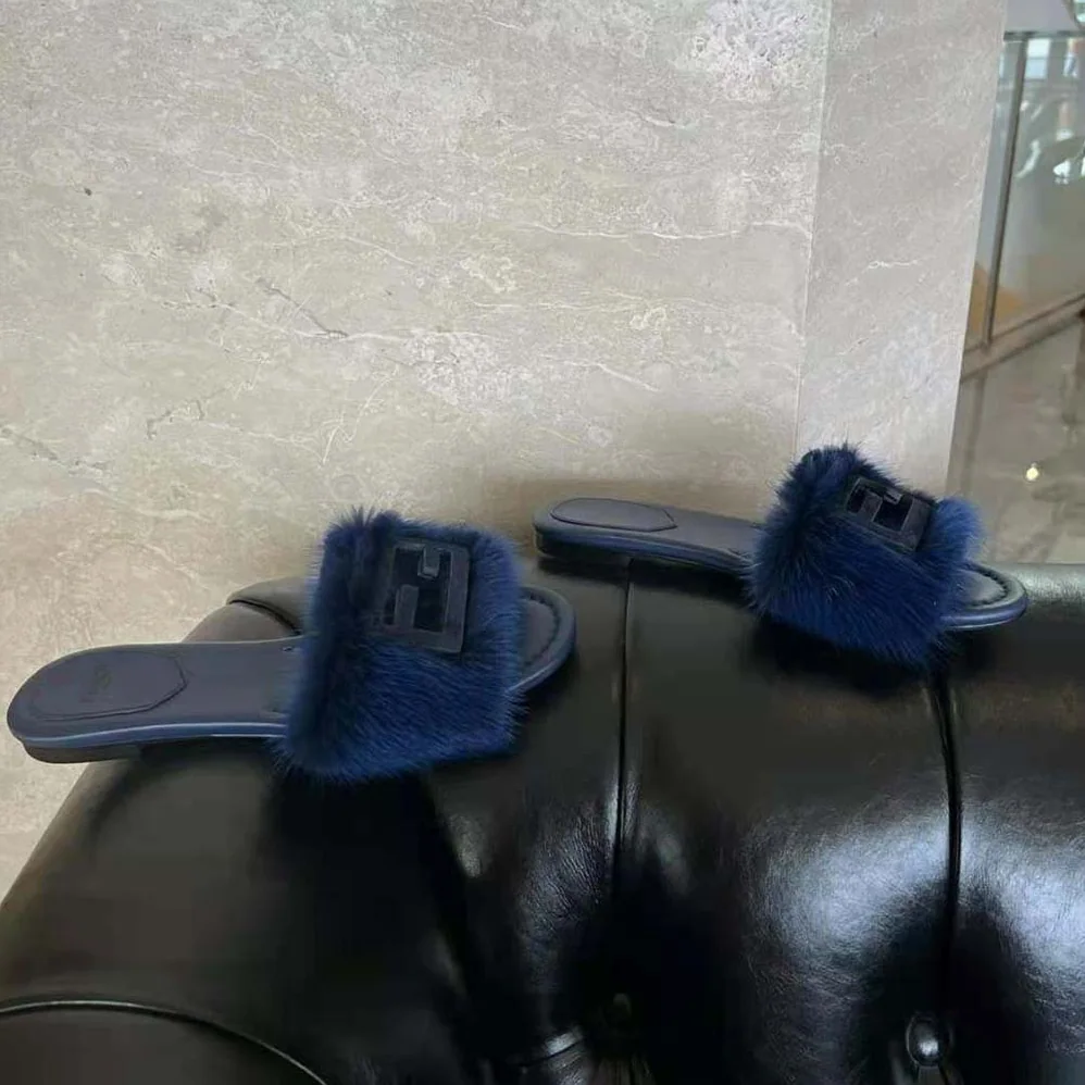 Fendi Baguette Blue Mink Slides for Women Fendi Baguette Blue Mink Slides for Women