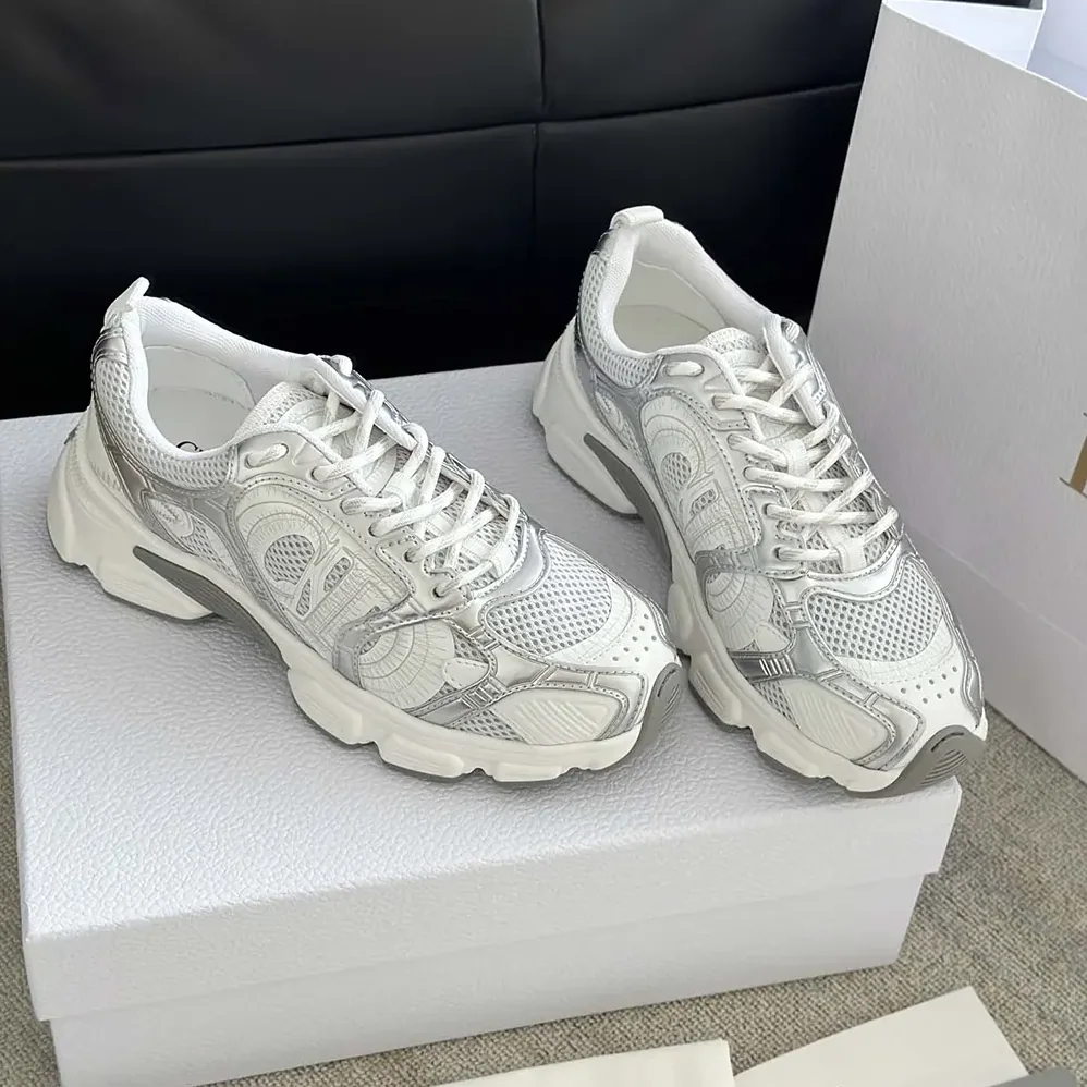 Dior Chrono Sneaker White Mesh with Silver-Tone and White Laminated Leather for Unisex in Effect Inserts