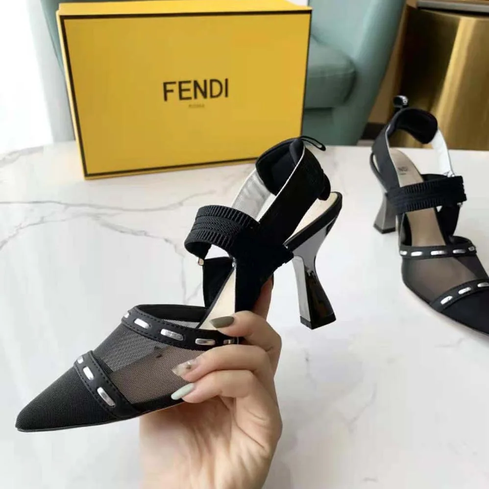 Fendi Colibri Black Mesh High-Heel Slingbacks with Metal Stitches for Women Fendi Colibri Black Mesh High-Heel Slingbacks with Metal Stitches for Women