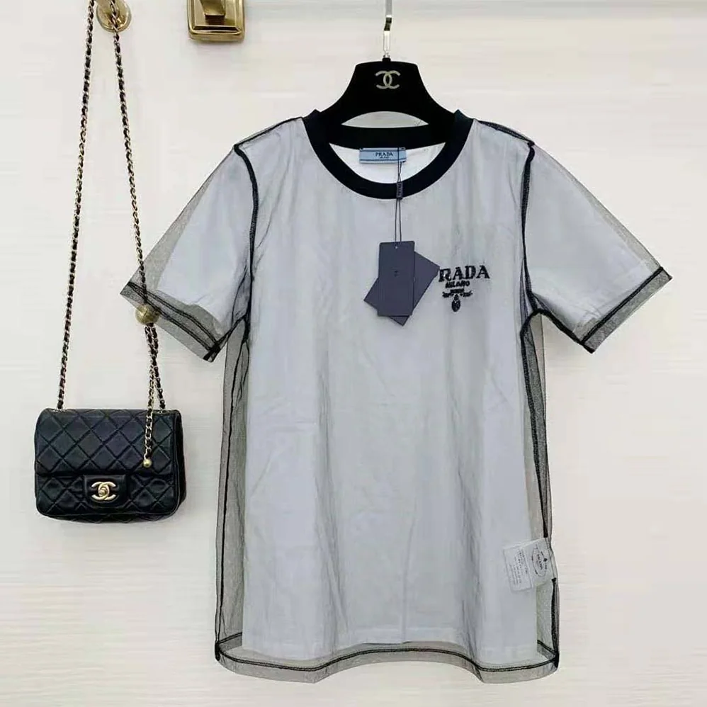 Prada Sequin-Embroidered Tulle and Jersey T-shirt for Women in Black Prada Sequin-Embroidered Tulle and Jersey T-shirt for Women in Black