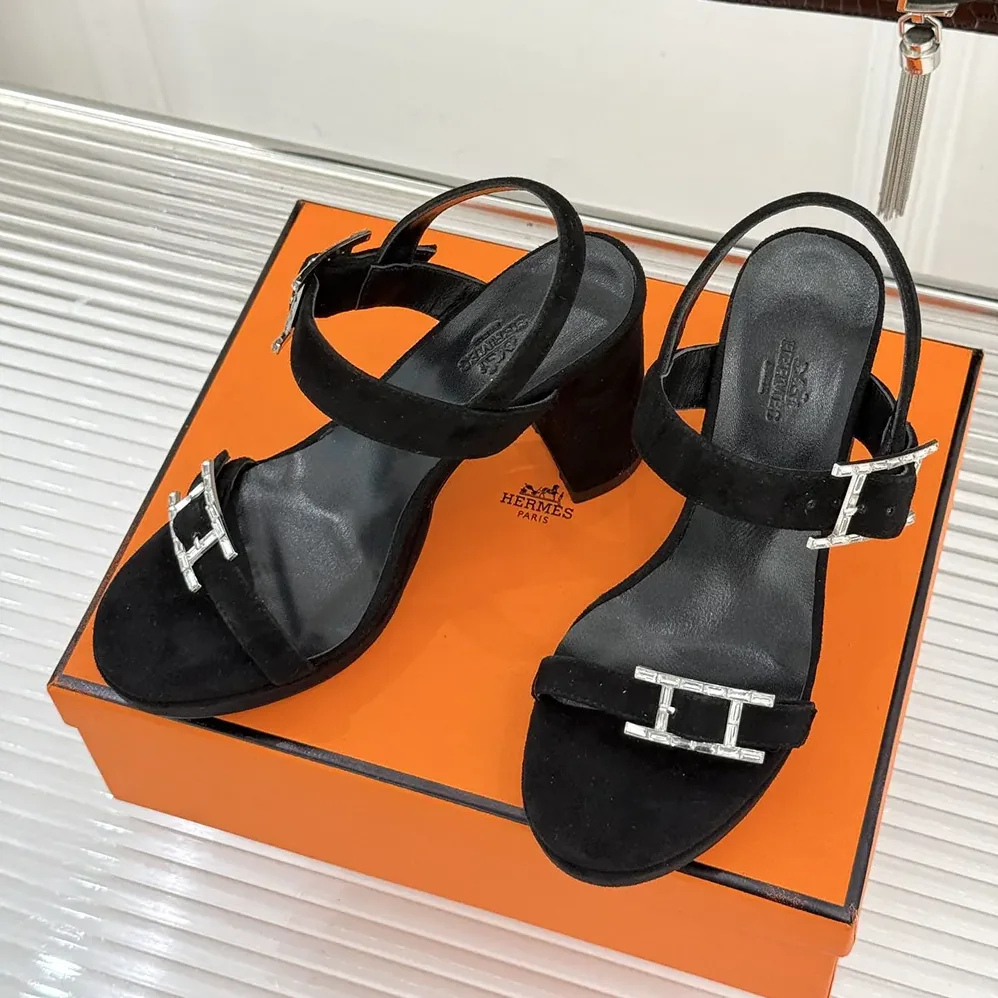 Hermes Bossa Sandal in Velvet Featuring a Hapi Buckle for Women in Black Hermes Bossa Sandal in Velvet Featuring a Hapi Buckle for Women in Black