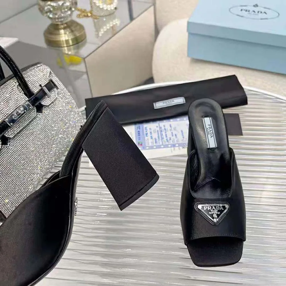 Prada High-Heeled Satin Slides for Women in Black Prada High-Heeled Satin Slides for Women in Black