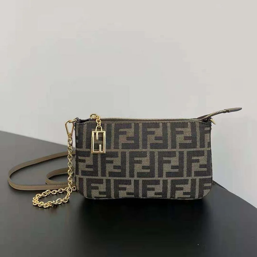 Fendi Baguette Pouch Brown Jacquard FF Fabric Clutch with Chain for Women Fendi Baguette Pouch Brown Jacquard FF Fabric Clutch with Chain for Women