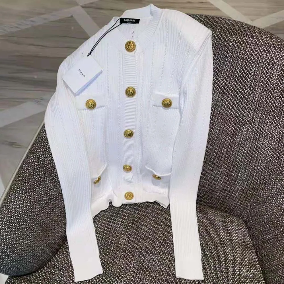 Balmain Knit Cardigan with Gold Buttons for Women in White