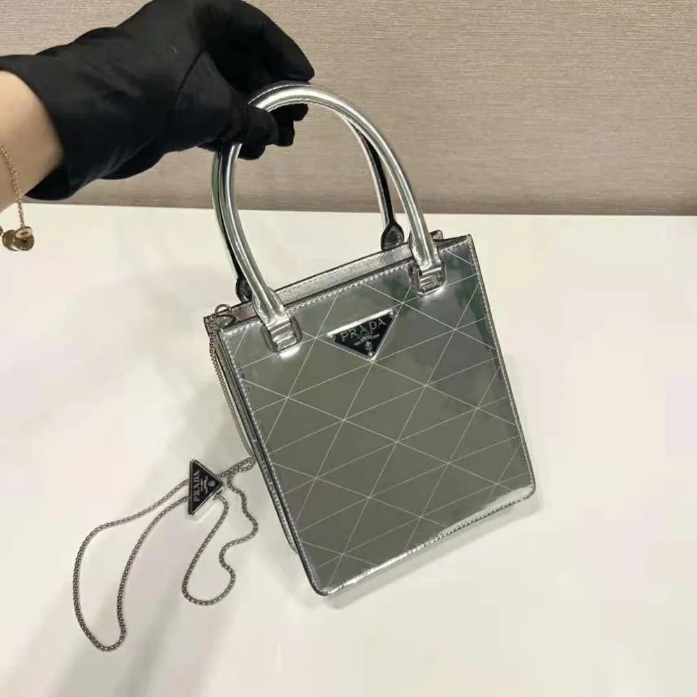 Prada Small Metallic Leather Tote Bag for Women in Silver Prada Small Metallic Leather Tote Bag for Women in Silver