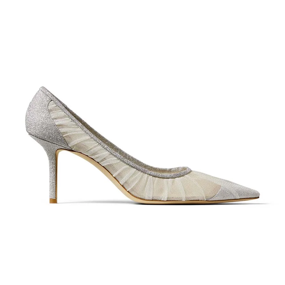 Jimmy Choo Love 65 Metallic Silver Glitter Fabric Pumps for Women Jimmy Choo Love 65 Metallic Silver Glitter Fabric Pumps for Women
