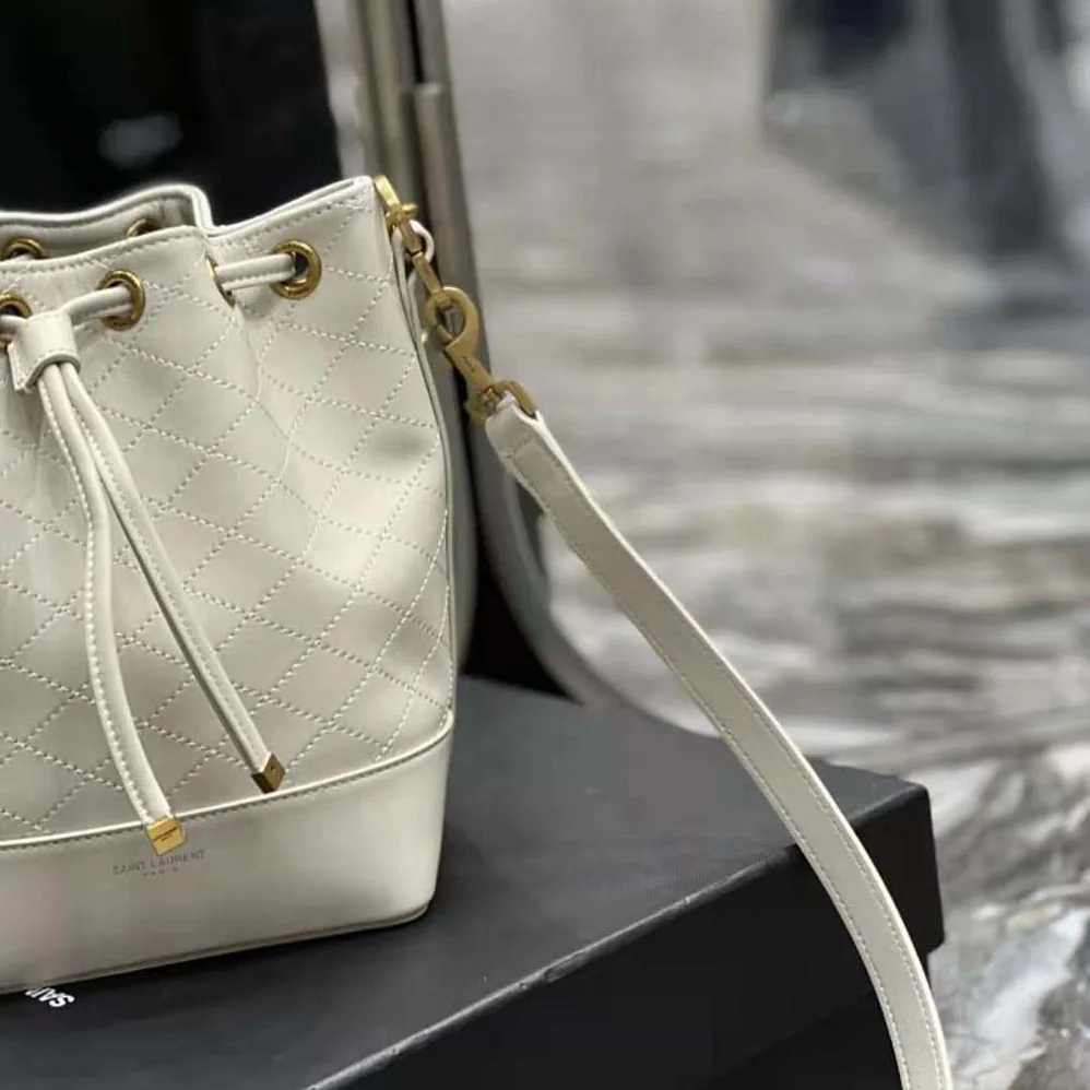 Saint Laurent YSL Emmanuelle Small Bucket Bag in Quilted Lambskin for Women in White Saint Laurent YSL Emmanuelle Small Bucket Bag in Quilted Lambskin for Women in White