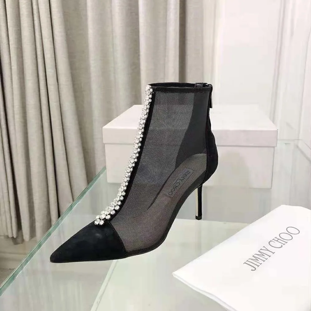Jimmy Choo Bing Boot 100 Black Suede and Mesh Ankle Boots with Crystal Embellishment for Women