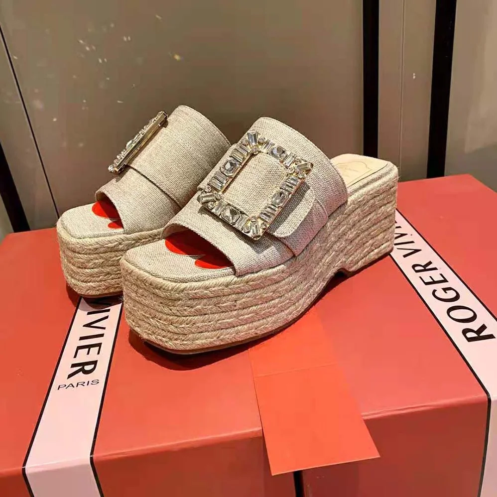 Roger Vivier Strass Buckle Espadrille Platform Mules in Fabrics for Women Roger Vivier Strass Buckle Espadrille Platform Mules in Fabrics for Women