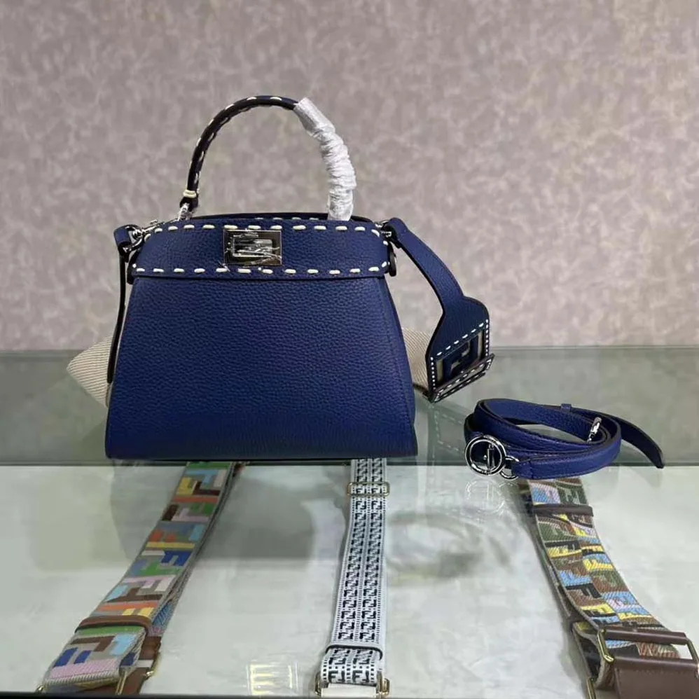 Fendi Peekaboo Iconic Mini Full Grain Leather Bag for Women in Navy