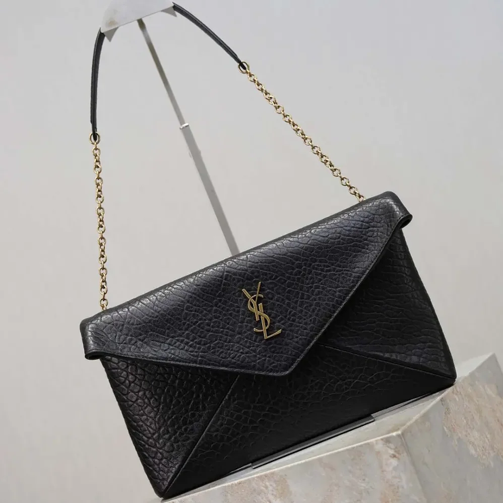 Saint Laurent YSL Cassandre Pouch On Chain In Lambskin Black 29cm for Women