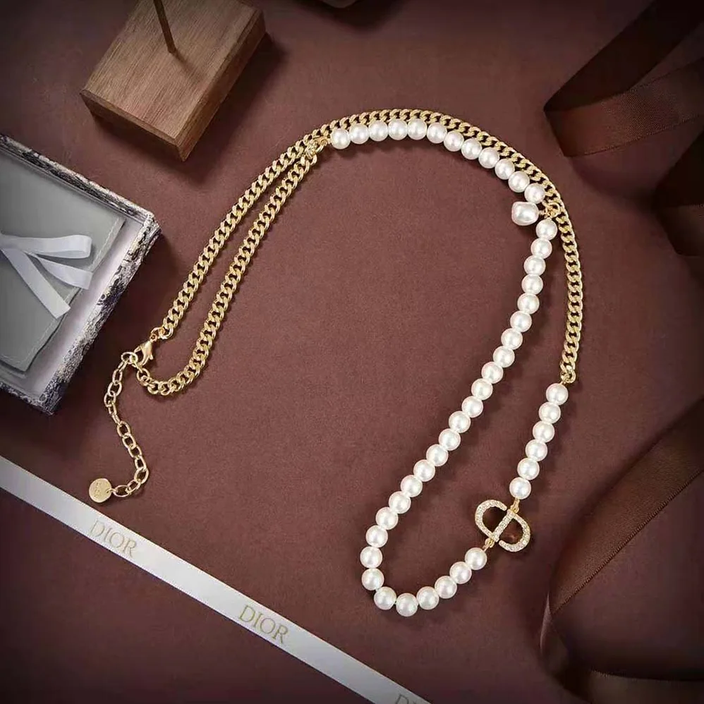 Dior 30 Montaigne Long Necklace Gold-Finish Metal and Silver for Women in Tone Crystals