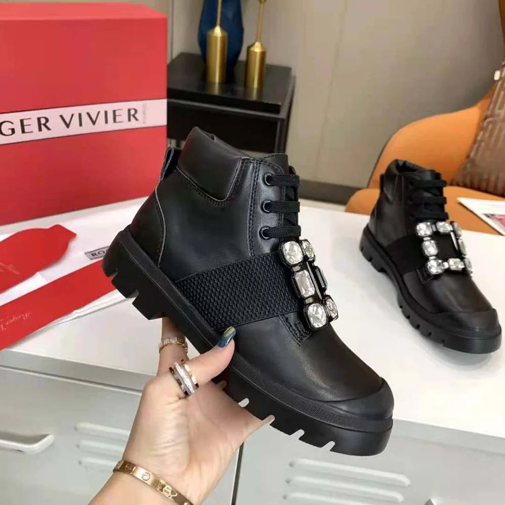 Roger Vivier Walky Viv' Lace Up Strass Buckle Booties in Leather for Women Roger Vivier Walky Viv' Lace Up Strass Buckle Booties in Leather for Women