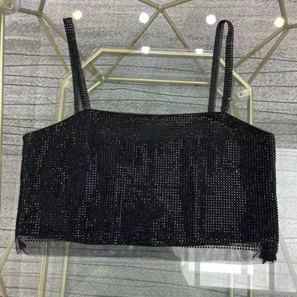 Prada Tulle Crop Top with Crystals for Women in Black Prada Tulle Crop Top with Crystals for Women in Black