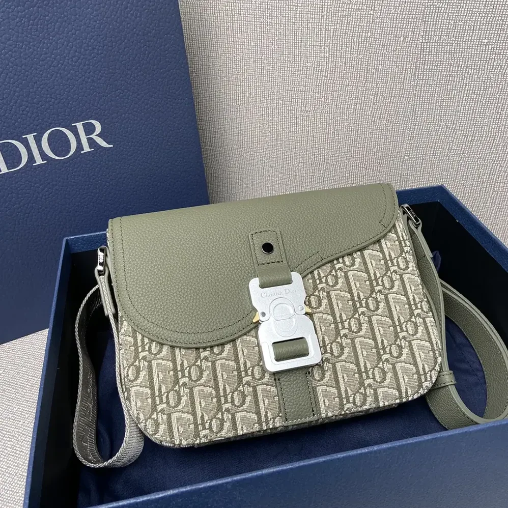 Dior Small Saddle Messenger Bag with Flap Khaki Dior Oblique Jacquard for Men