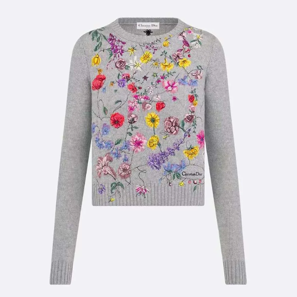 Dior Embroidered Sweater Gray Cashmere Knit with Red Multicolor Florilegio Motif for Women Dior Embroidered Sweater Gray Cashmere Knit with Red Multicolor Florilegio Motif for Women