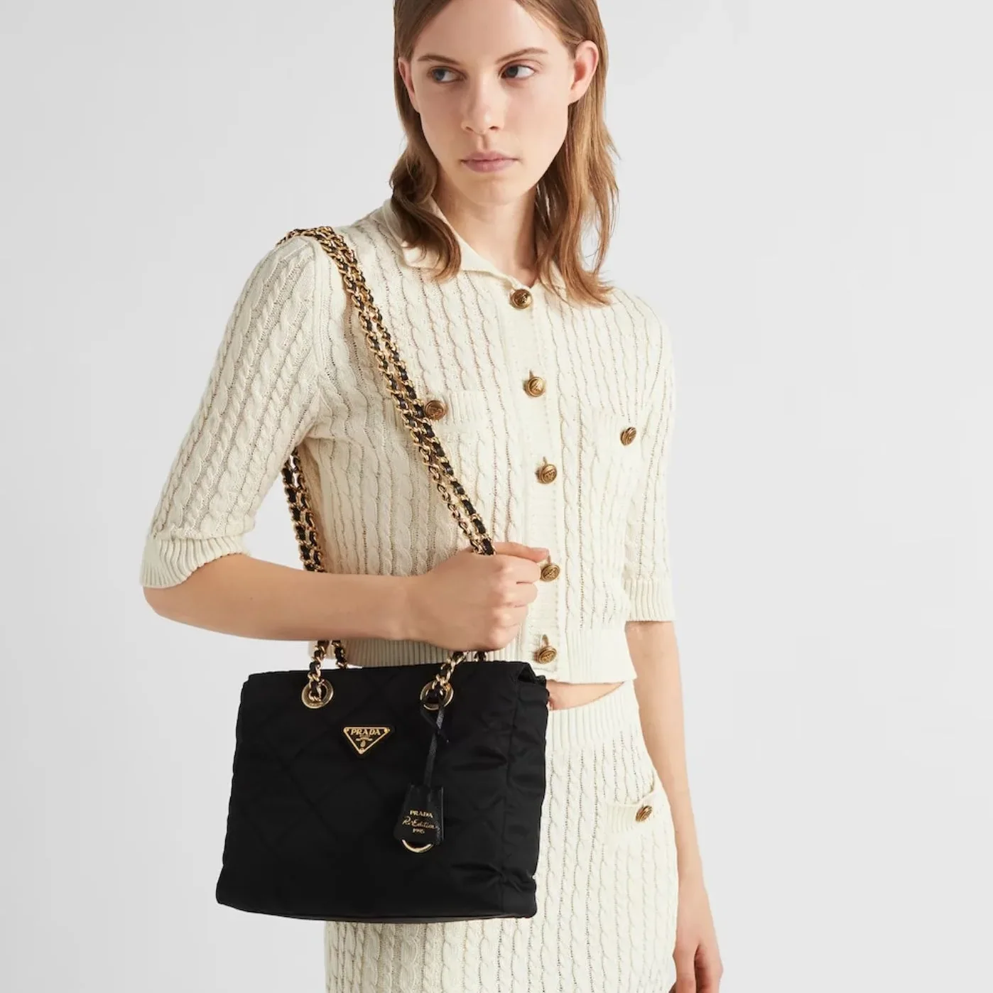 Prada Re- 1995 Chaîne Re-Nylon Tote Black Bag 1BG468_2AOS_F0002_V_COO- / 9.8 Inches