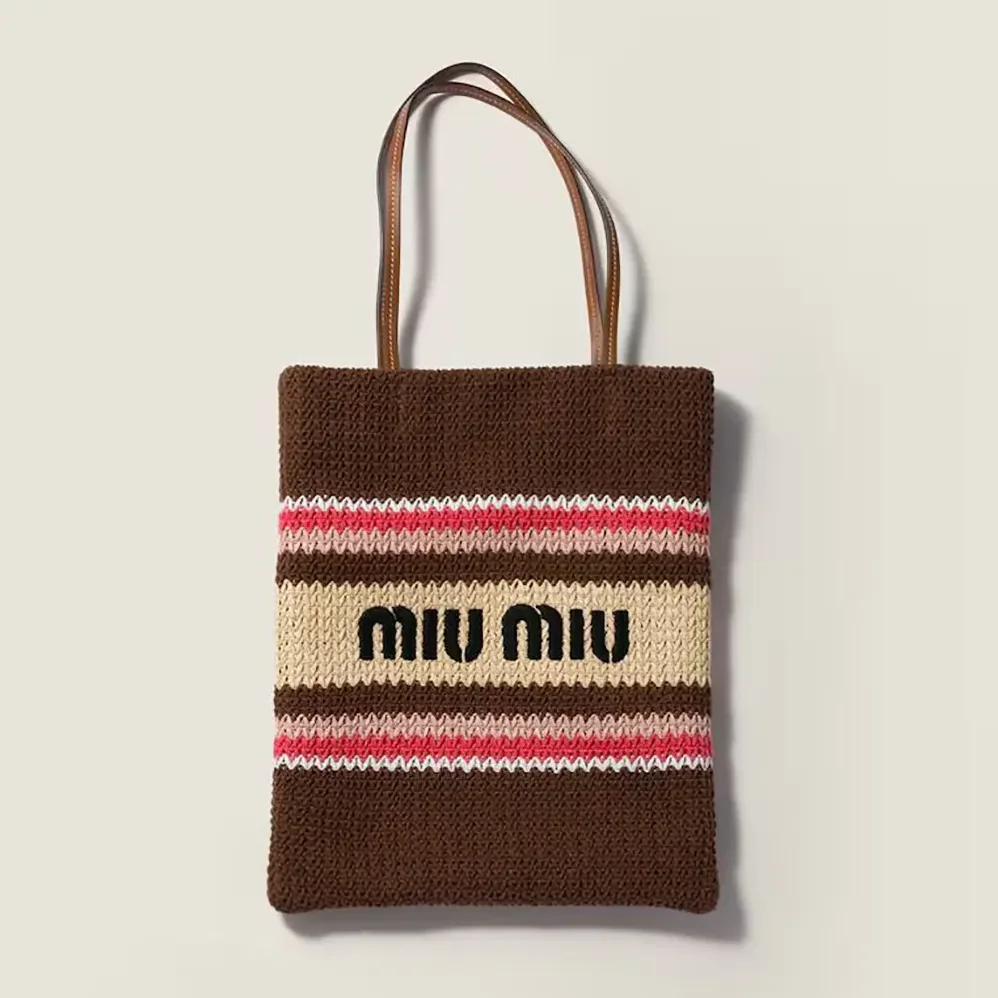 Miu Miu Raffia-Effect Woven Tote Bag for Women in Tobacco/Strawberry/Natural Miu Miu Raffia-Effect Woven Tote Bag for Women in Tobacco/Strawberry/Natural