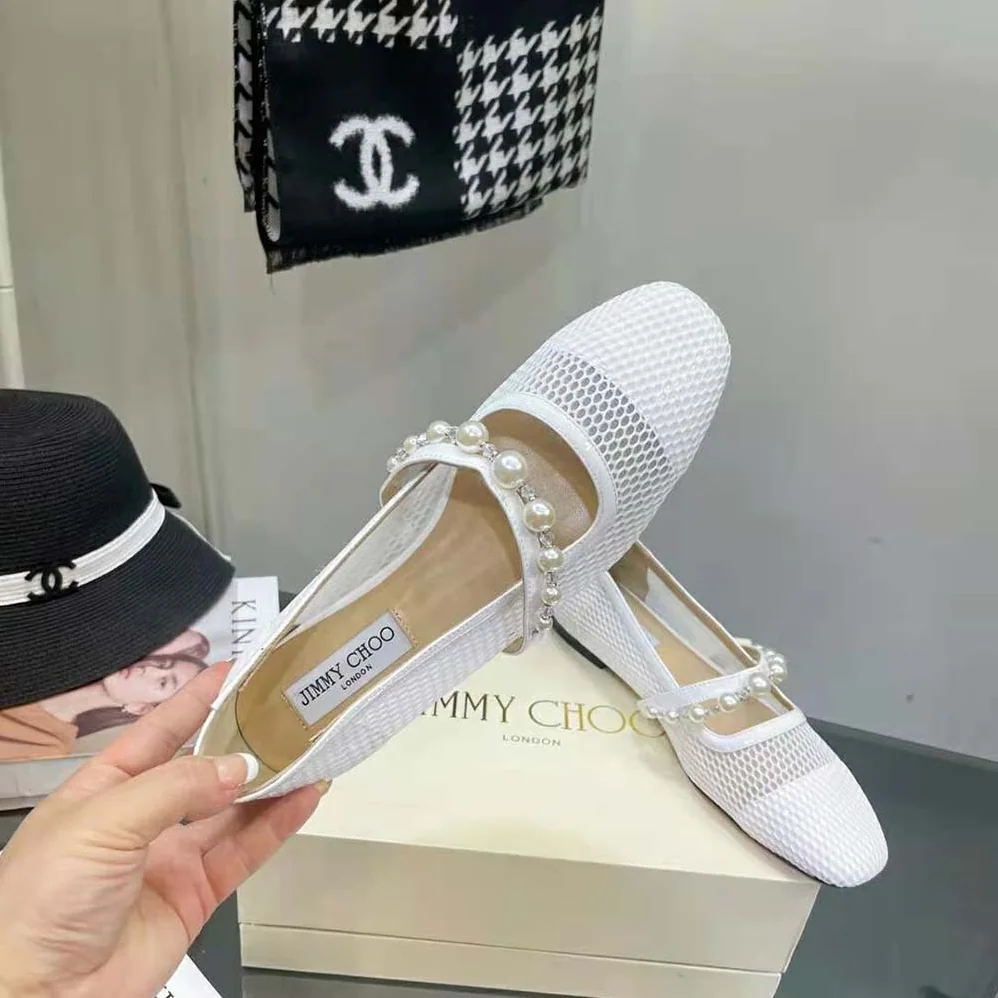 Jimmy Choo Ade Flat White Fishnet Mesh and Latte Nappa Flats with Pearl for Women in Embellished Strap