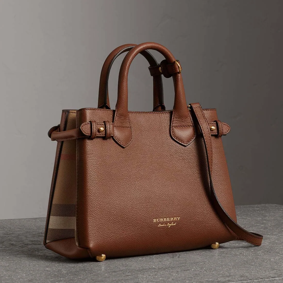 Burberry Small Banner Bag in Leather and House Check in Brown