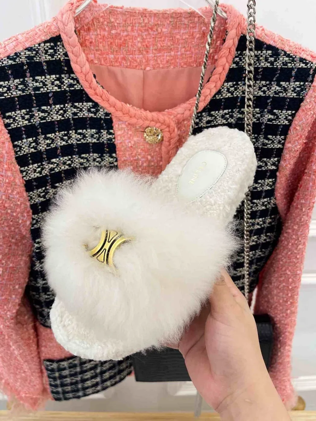 Celine Clea Triomphe Slide With Fur White Celine Clea Triomphe Slide With Fur White