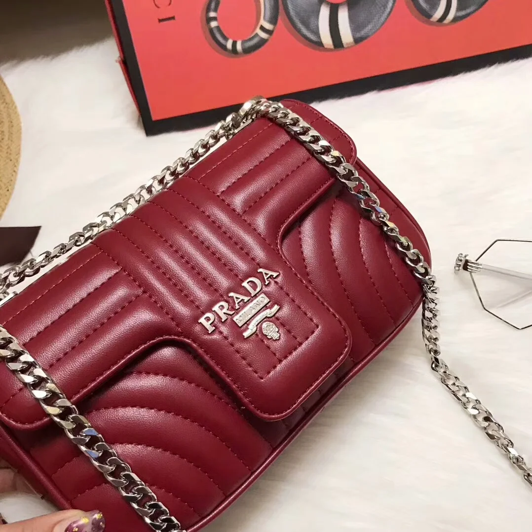 Prada Diagramme Small Leather Shoulder Bag in Maroon Prada Diagramme Small Leather Shoulder Bag in Maroon