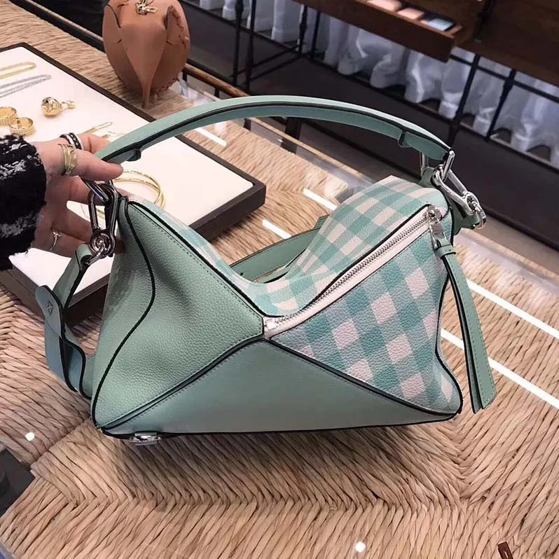 Loewe Puzzle Gingham Bag in Calfskin for Women in Lime Loewe Puzzle Gingham Bag in Calfskin for Women in Lime
