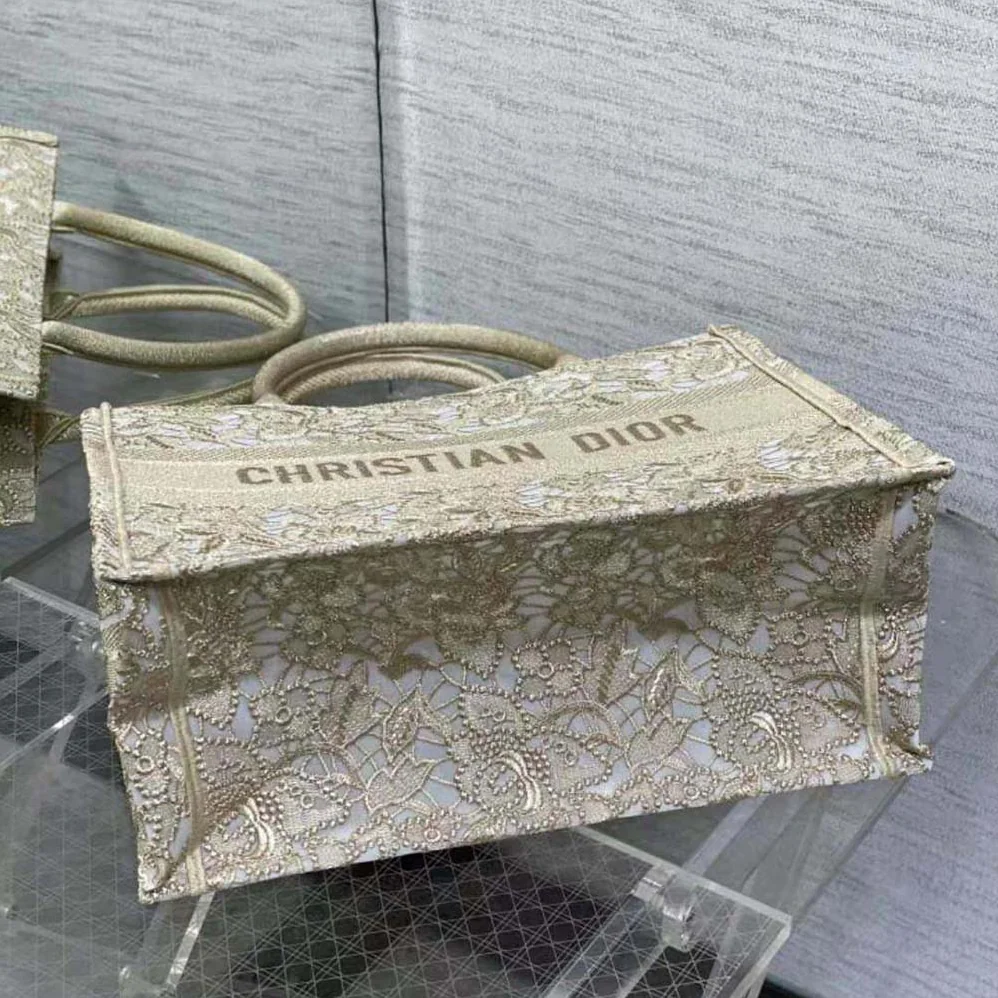 Dior Medium Dior or Dior Book Tote Gold-Tone D-Lace Embroidery with Macramé Effect for Women