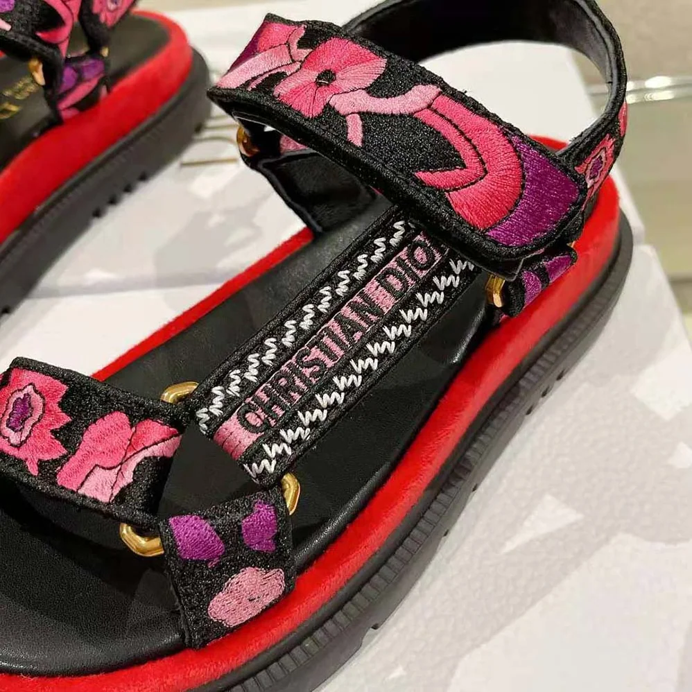 Dior D-wave Sandal Indy Pink Multicolor Cotton with Jardin Indien Embroidery for Women
