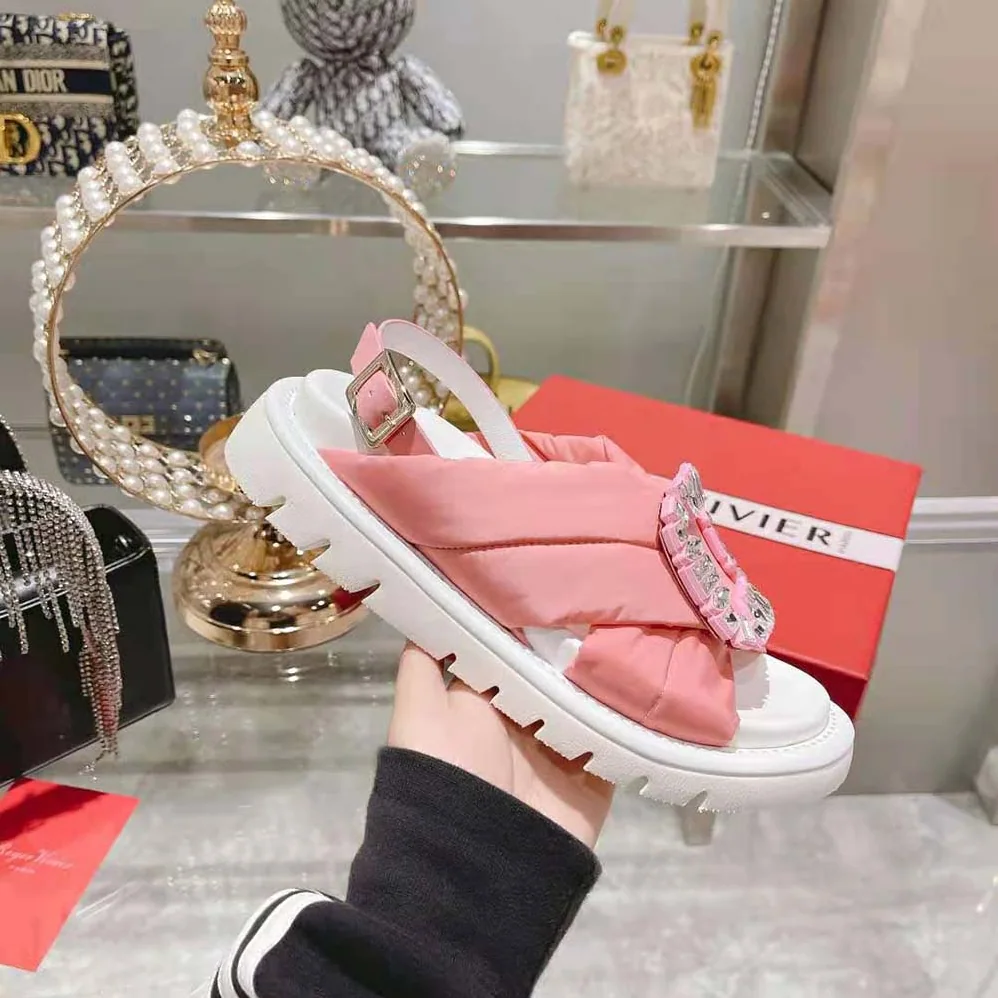 Roger Vivier Viv Winter Puffy Strass Buckle Sandals in Satin for Women in Pink