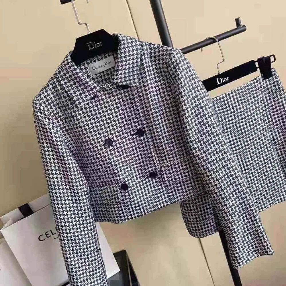 Dior Cropped Jacket Navy Blue Technical Cotton Jacquard with Micro Houndstooth Motif for Women