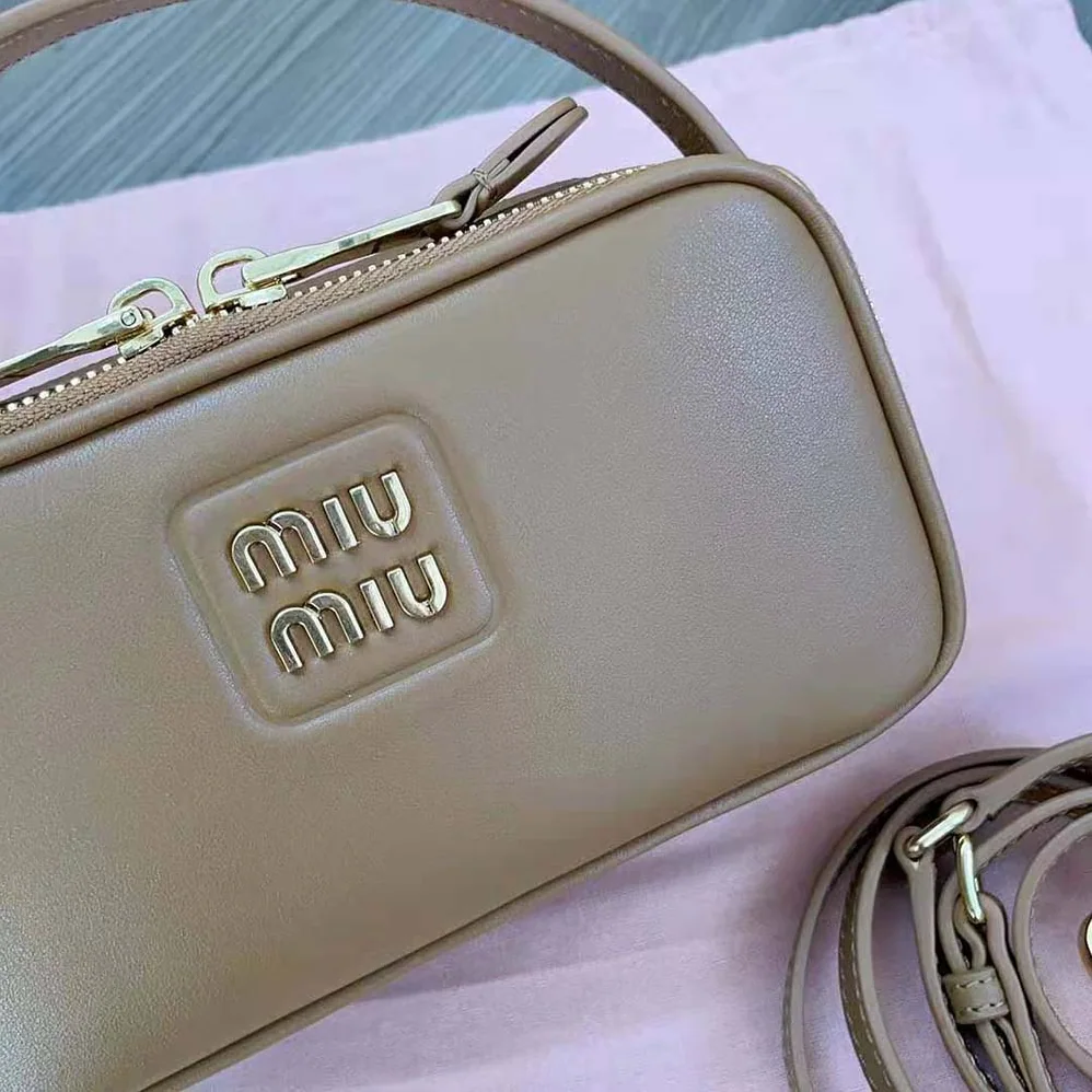 Miu Miu Arcadie Leather Bag with Metal Lettering Logo for Women in Brown Miu Miu Arcadie Leather Bag with Metal Lettering Logo for Women in Brown