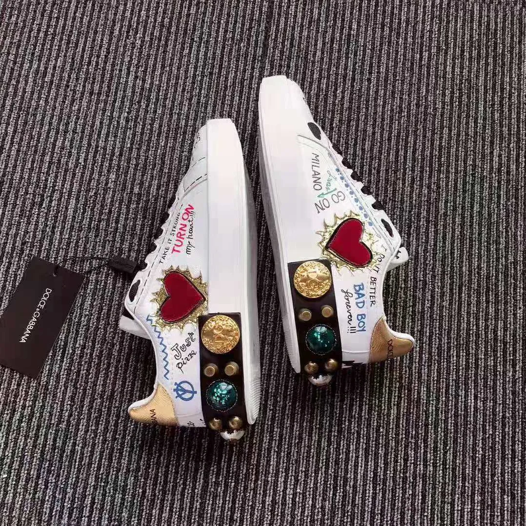 Dolce Gabbana D&G Printed Calfskin Nappa Portofino Sneakers with Patch and Embroidery for Women in White