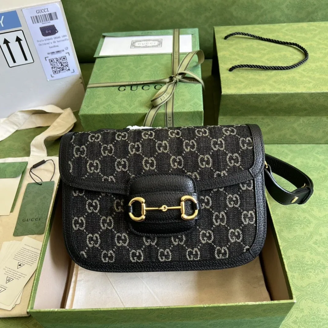 Gucci Horsebit 1955 Shoulder Bag Black And Ivory GG Denim Jacquard / Gucci Horsebit 1955 Shoulder Bag Black And Ivory GG Denim Jacquard /