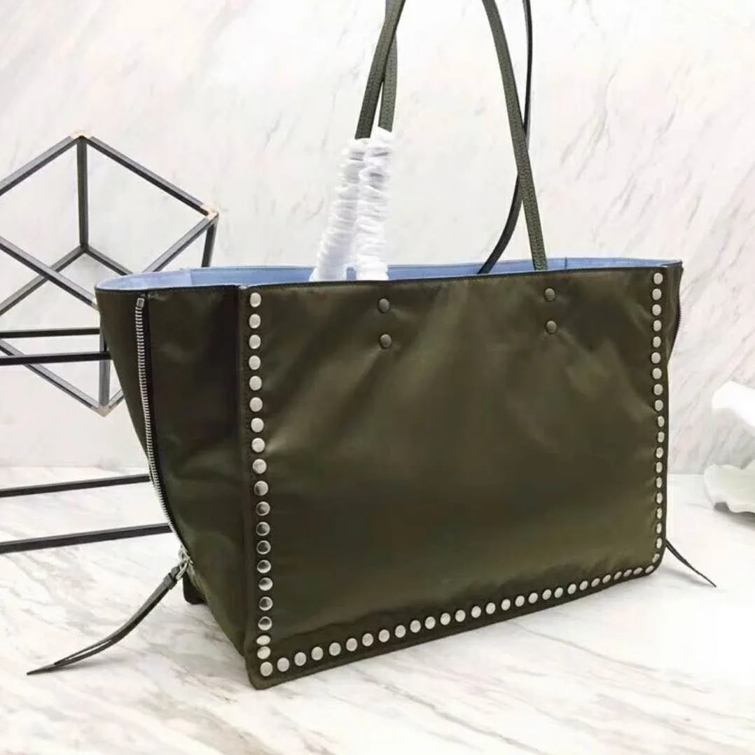 Prada Etiquette Fabric Tote with Metal Stud Trim in Olive Prada Etiquette Fabric Tote with Metal Stud Trim in Olive