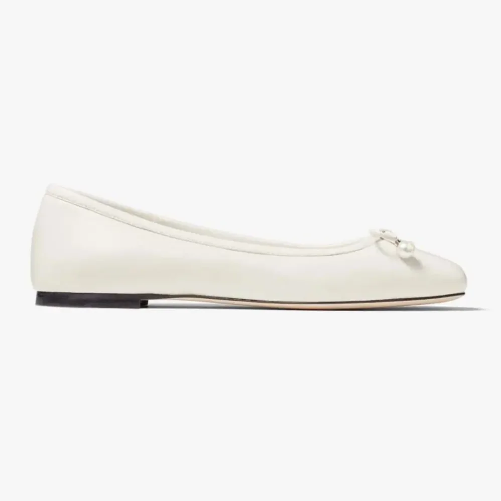 Jimmy Choo Elme Flat Latte Nappa Leather Flats with Pearl Embellishment for Women Jimmy Choo Elme Flat Latte Nappa Leather Flats with Pearl Embellishment for Women