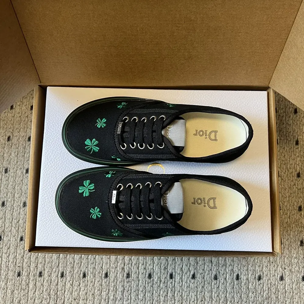 Dior Saltwind Sneaker Black Cotton Embroidered with Bright Green Dior Clover Motif for Unisex