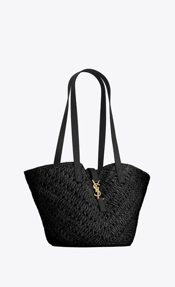 Saint Laurent Panier Small In Raffia And Vegetable-Tanned Black 15 Inches/